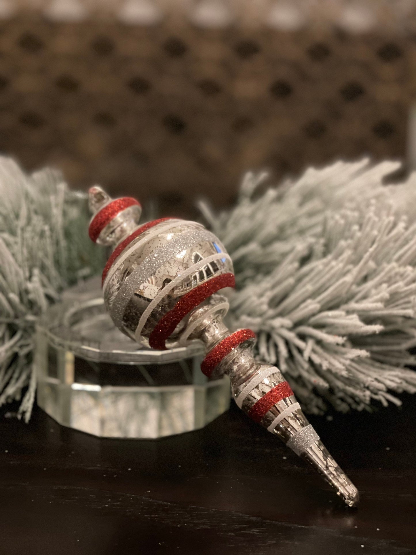 9.25" Striped glass finial ornament.