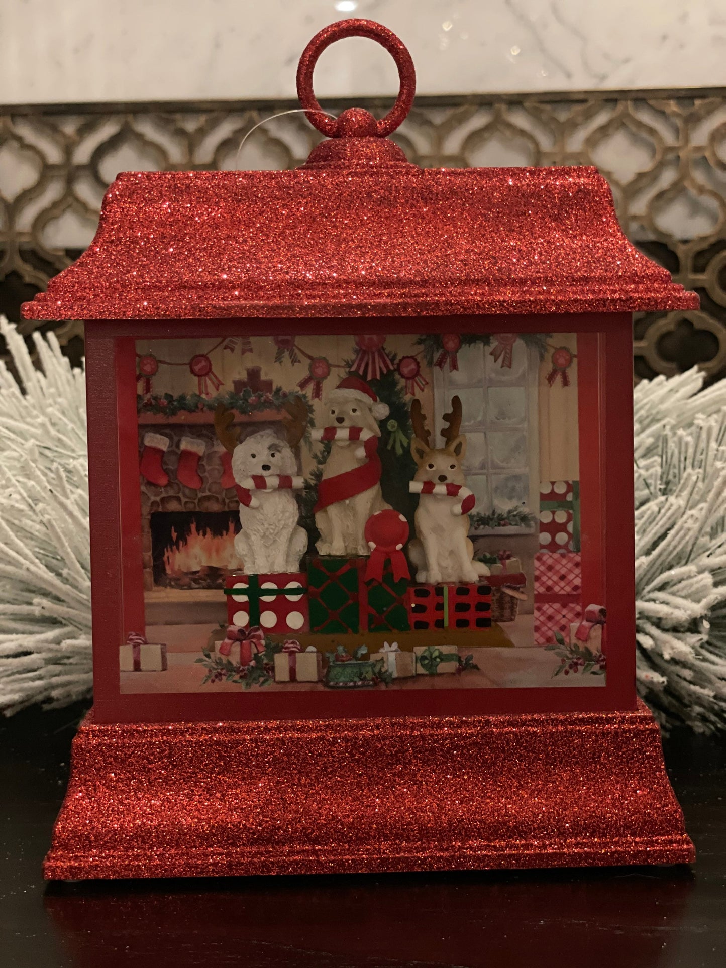 8.5" Dogs with presents lighted water lantern.