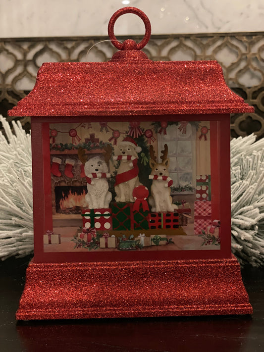 8.5" Dogs with presents lighted water lantern.