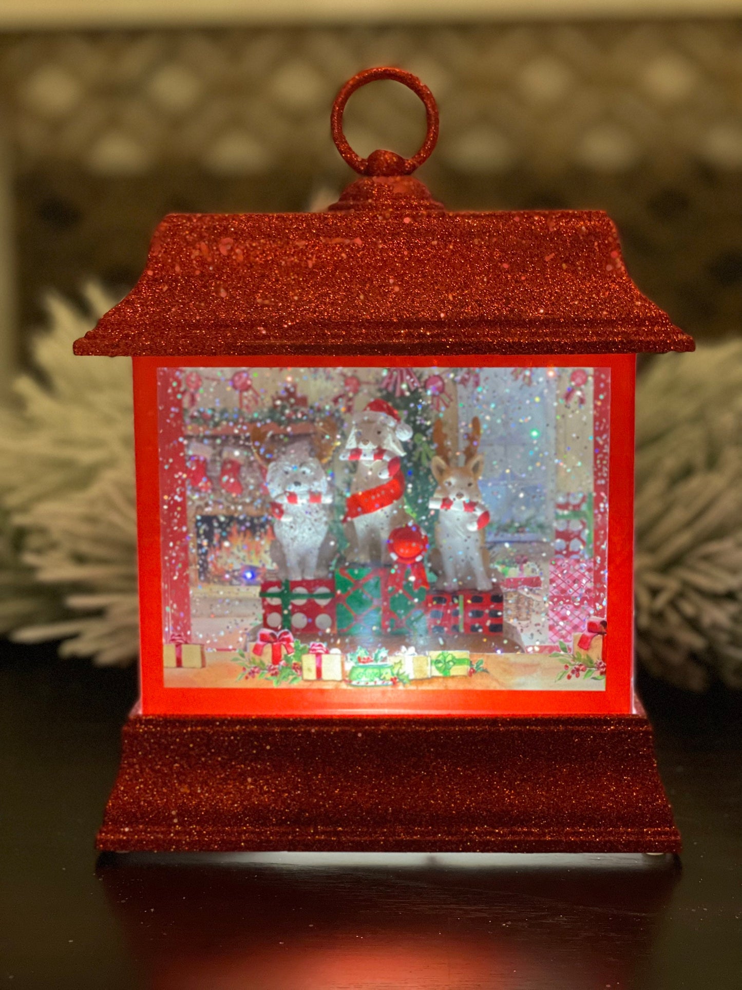 8.5" Dogs with presents lighted water lantern.