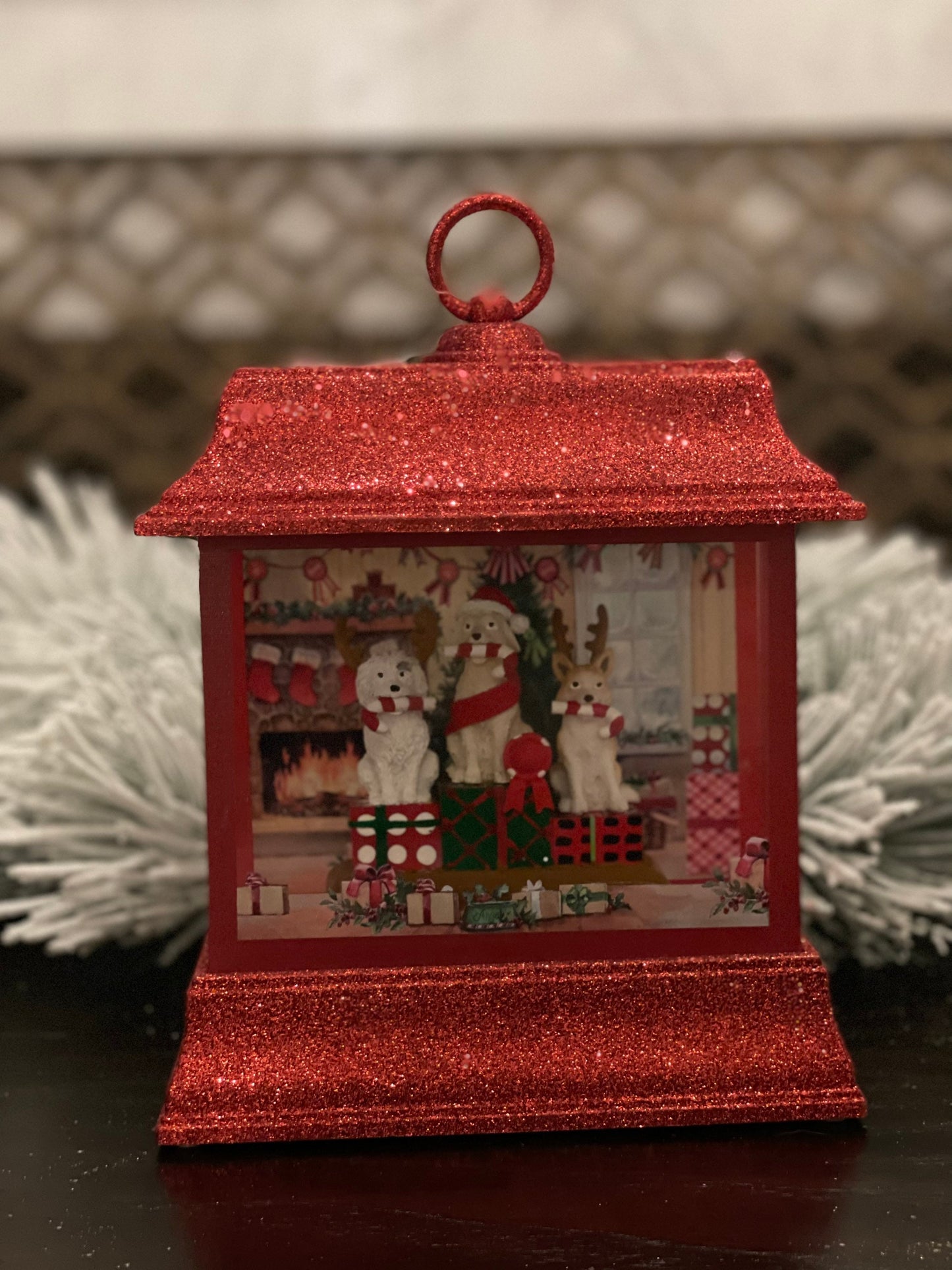 8.5" Dogs with presents lighted water lantern.