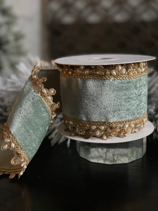 4”x 5 yds velvet pearl / jewel edge double side ribbon. Aqua.