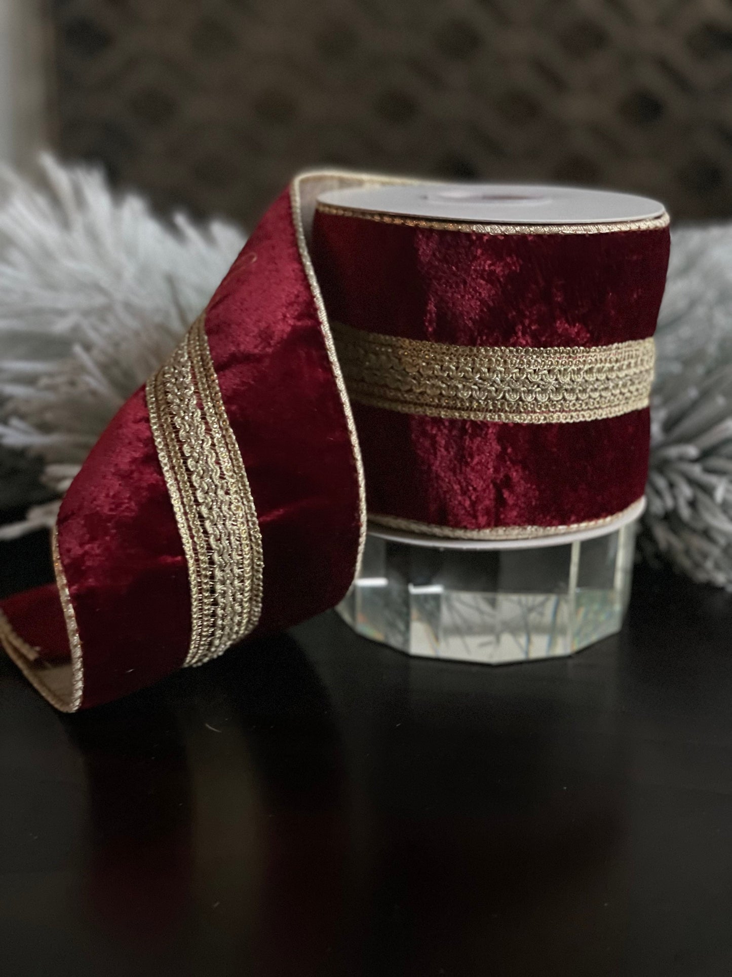 4” x 5 yds. Burgundy and gold braid trim velvet gold black ribbon. Wired.