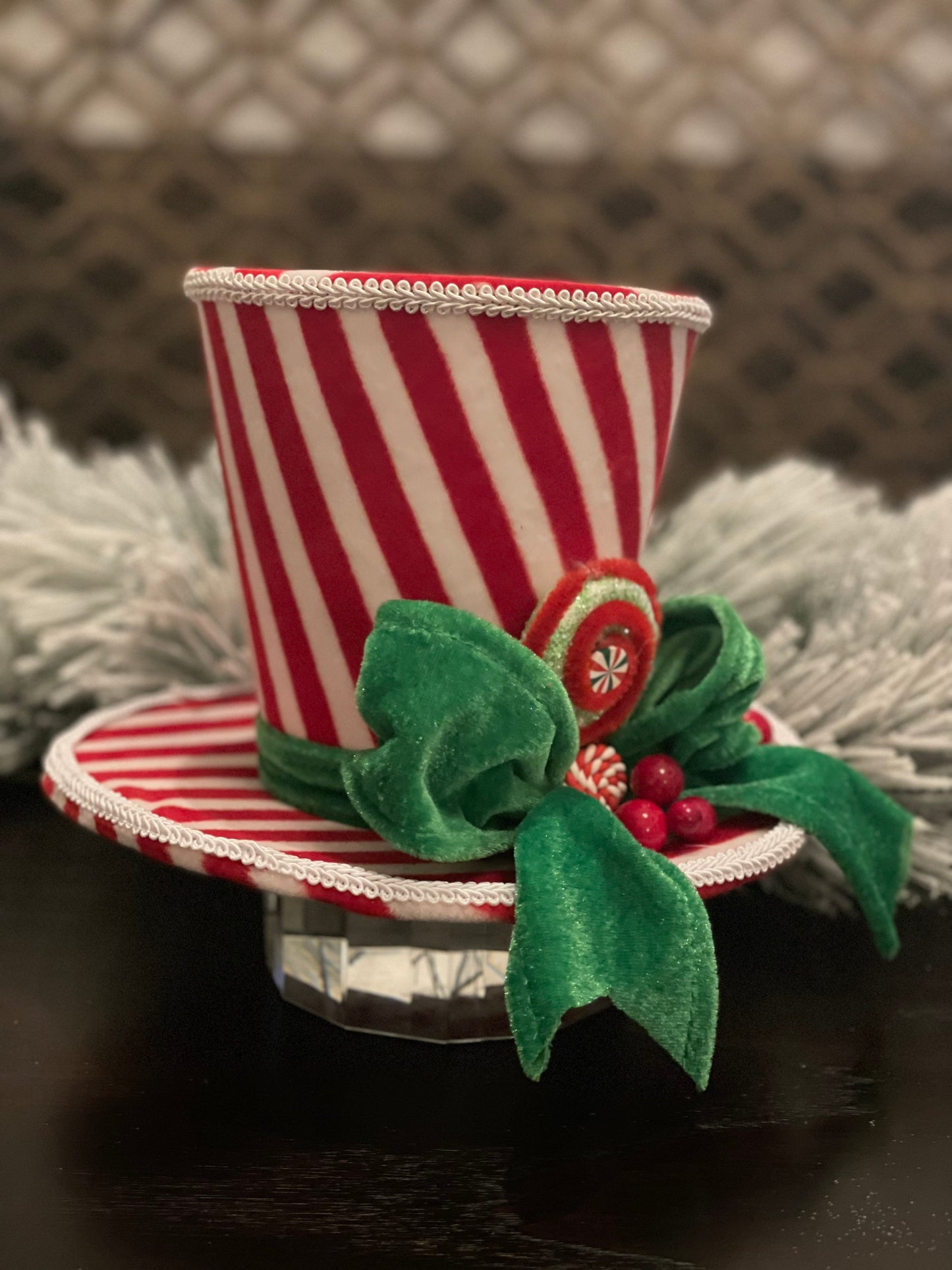 7” Hat Christmas. Peppermint. Candy theme. Green, red and white hat.