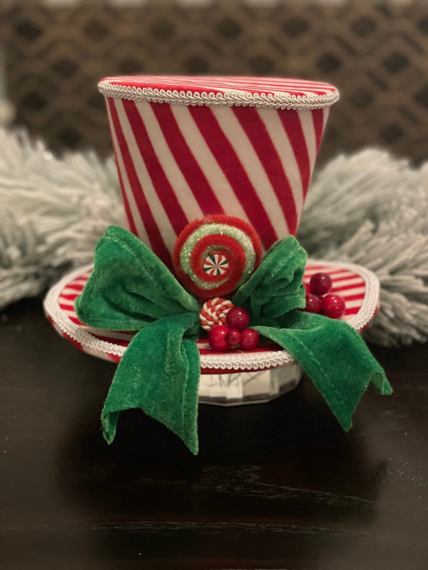 7” Hat Christmas. Peppermint. Candy theme. Green, red and white hat.
