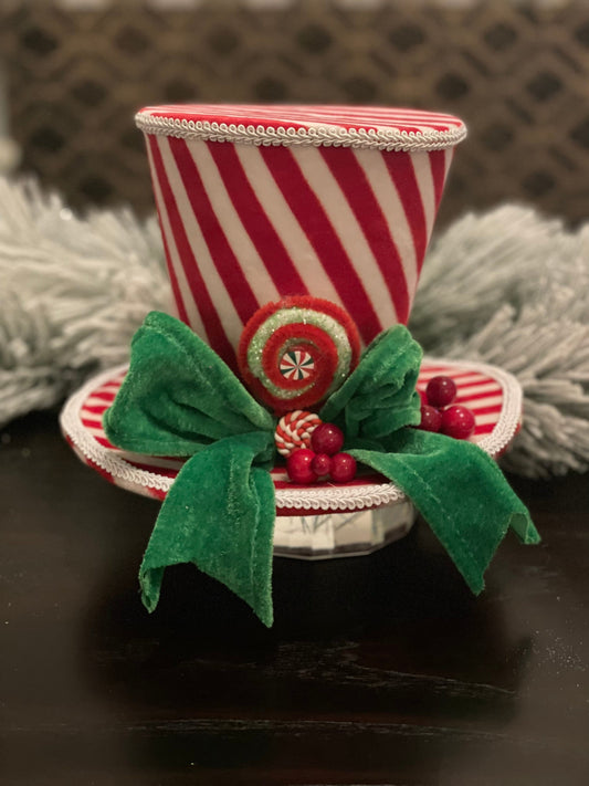 7” Hat Christmas. Peppermint. Candy theme. Green, red and white hat.