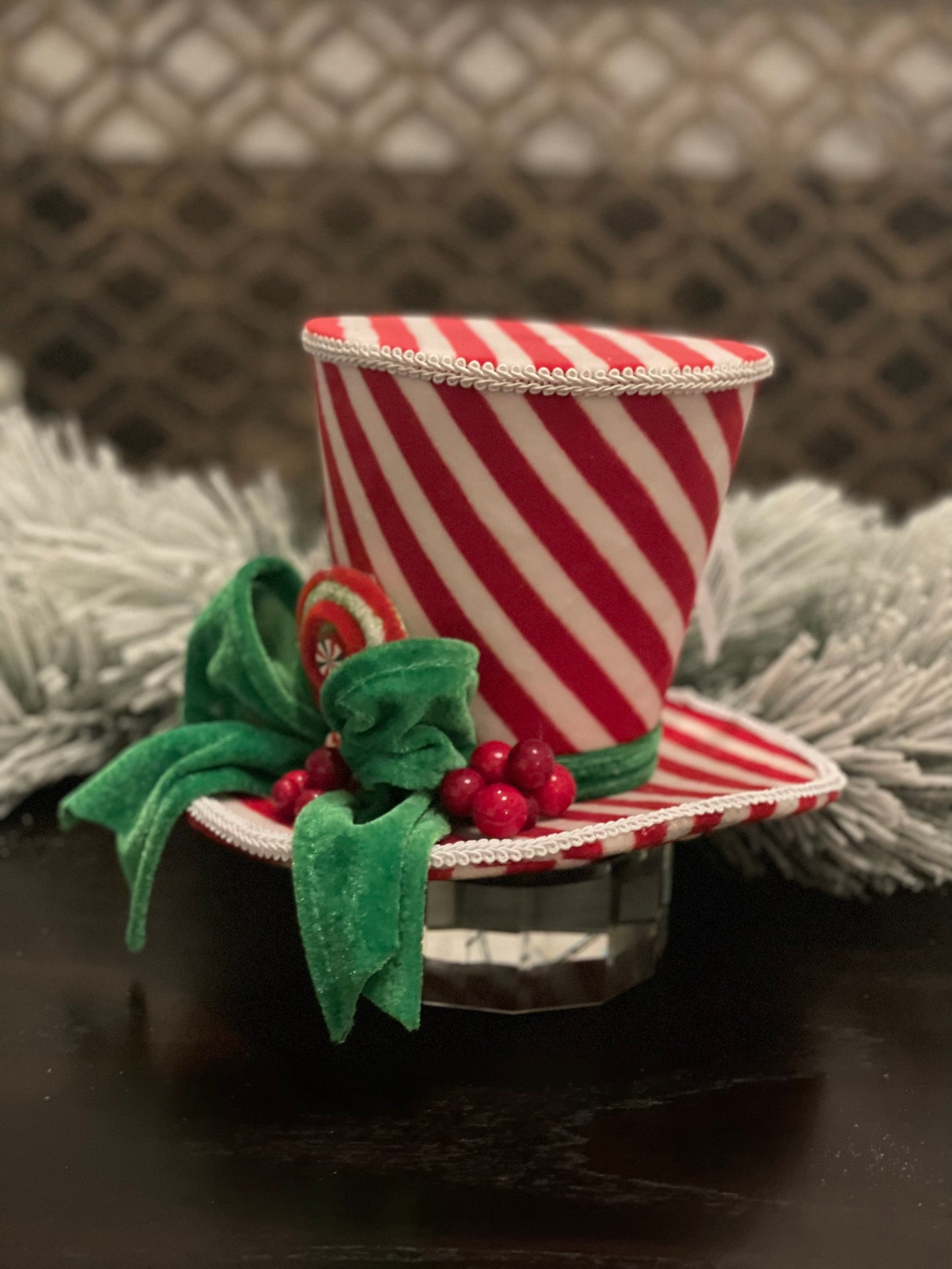 7” Hat Christmas. Peppermint. Candy theme. Green, red and white hat.