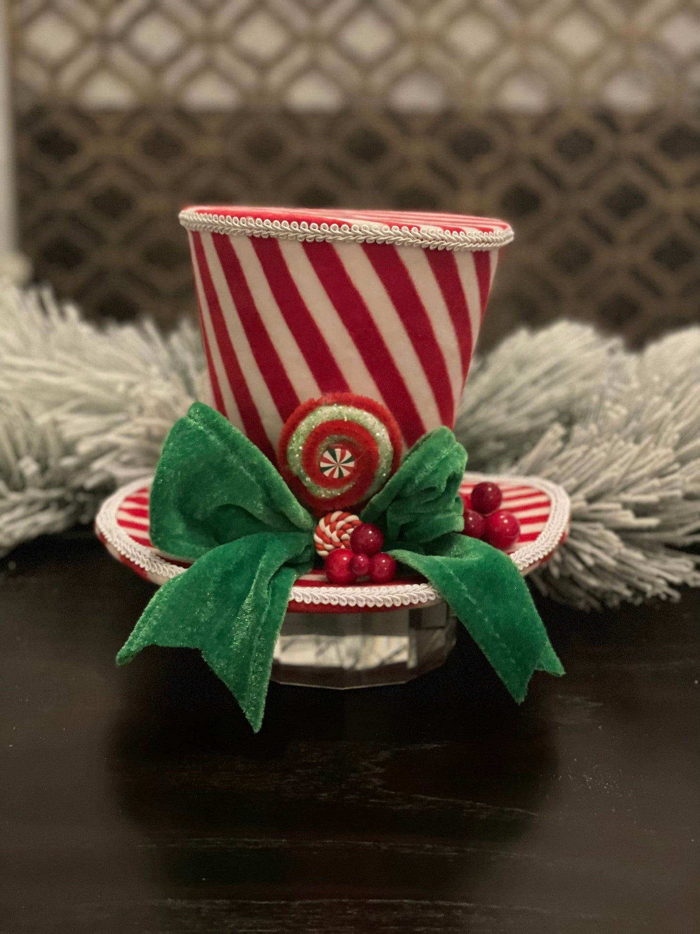 7” Hat Christmas. Peppermint. Candy theme. Green, red and white hat.