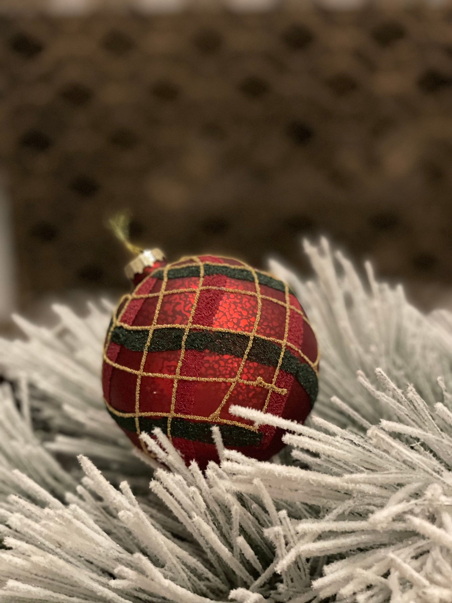 SET of 2. 4"mercury glass beaded plaid ball ornament.
