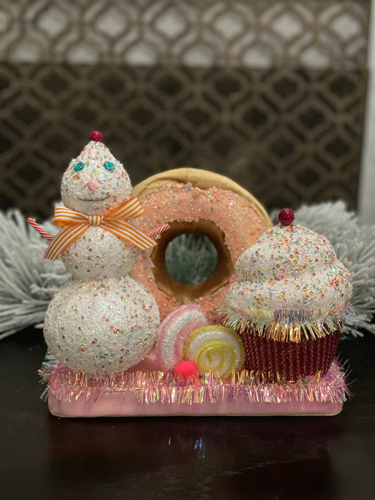 11” l x 10”h x 5.5” w. Snowman donut and cupcake scene.