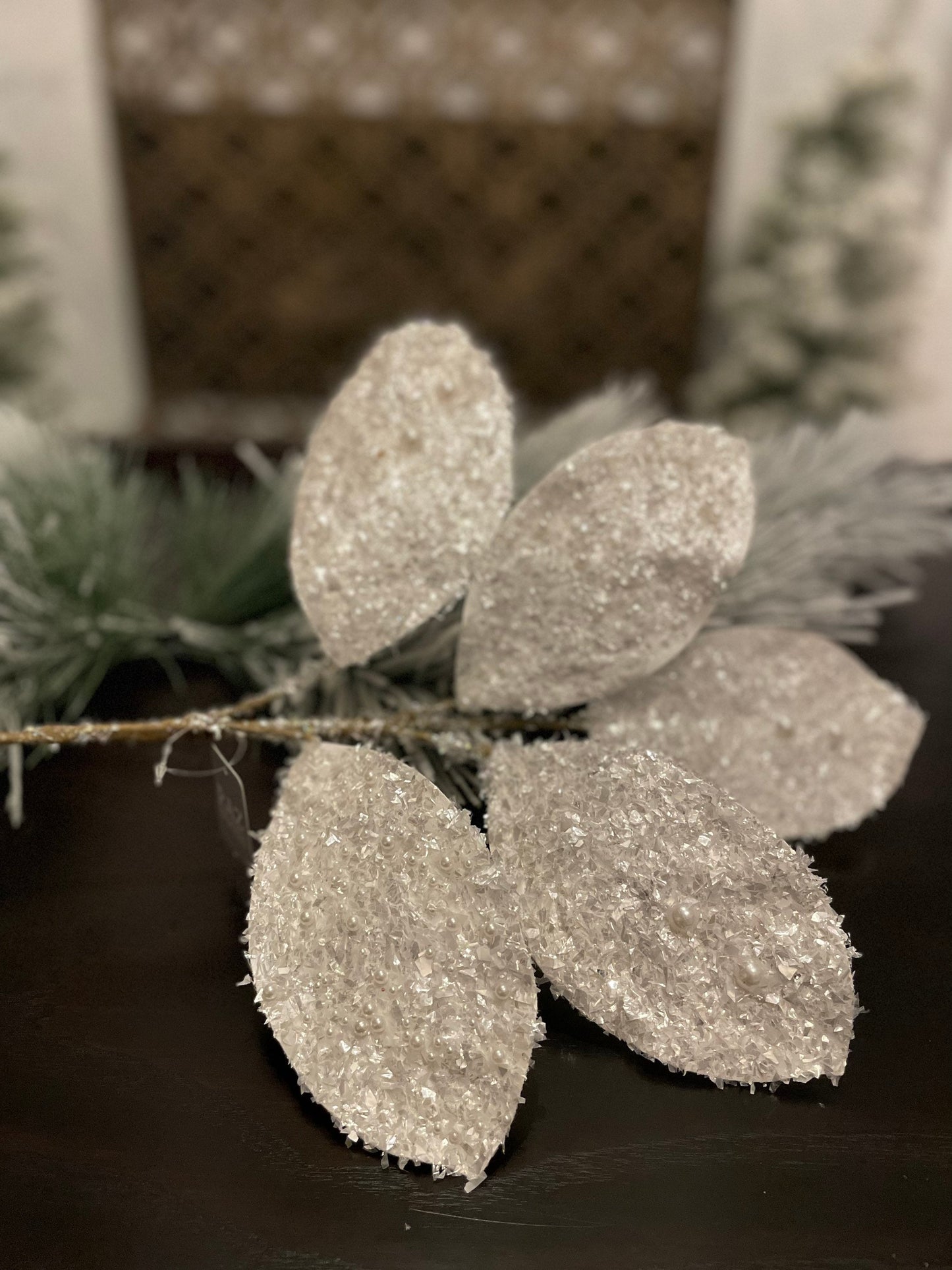 23"White glitter magnolia leaf spray. Set of 2.