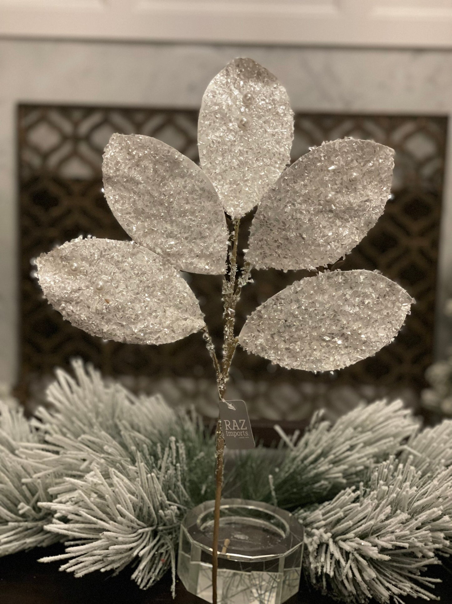 23"White glitter magnolia leaf spray. Set of 2.