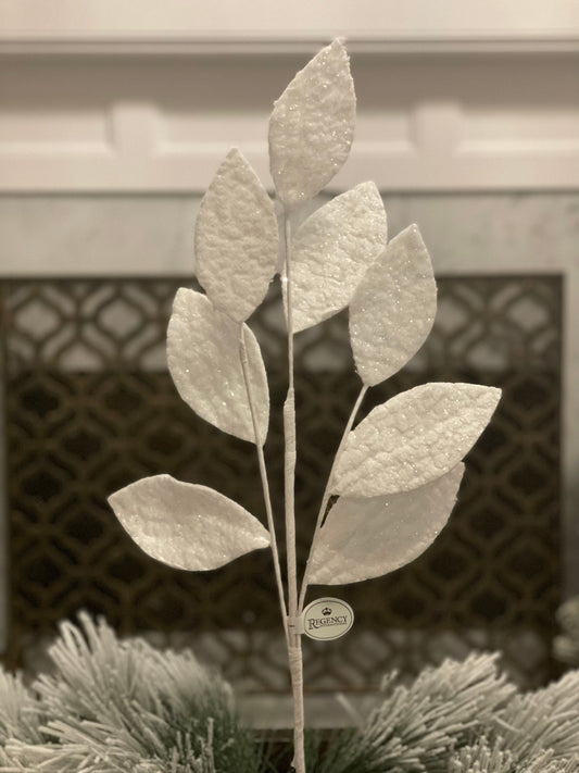 28" Frosted spun snow leaf spray. Set of 2.