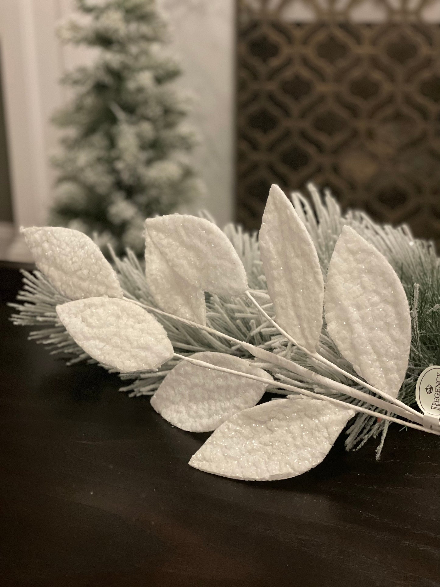 28" Frosted spun snow leaf spray. Set of 2.