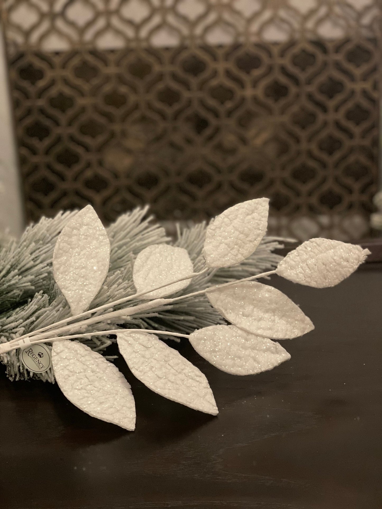 28" Frosted spun snow leaf spray. Set of 2.