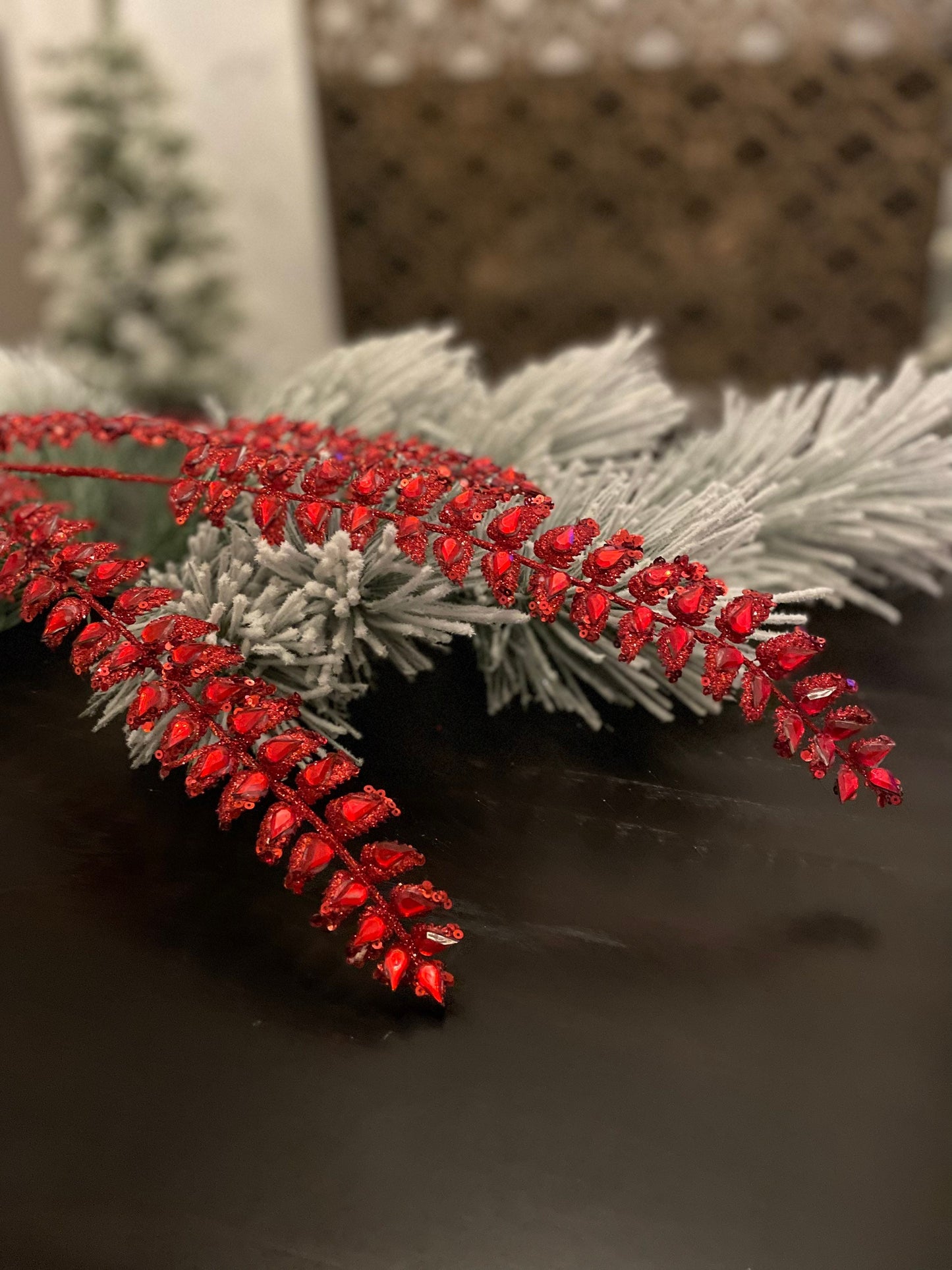 Set of 3. 34.5"jeweled glitter fern spray red