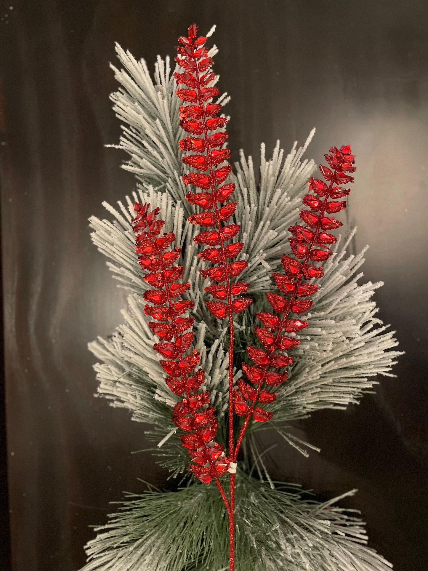 Set of 3. 34.5"jeweled glitter fern spray red
