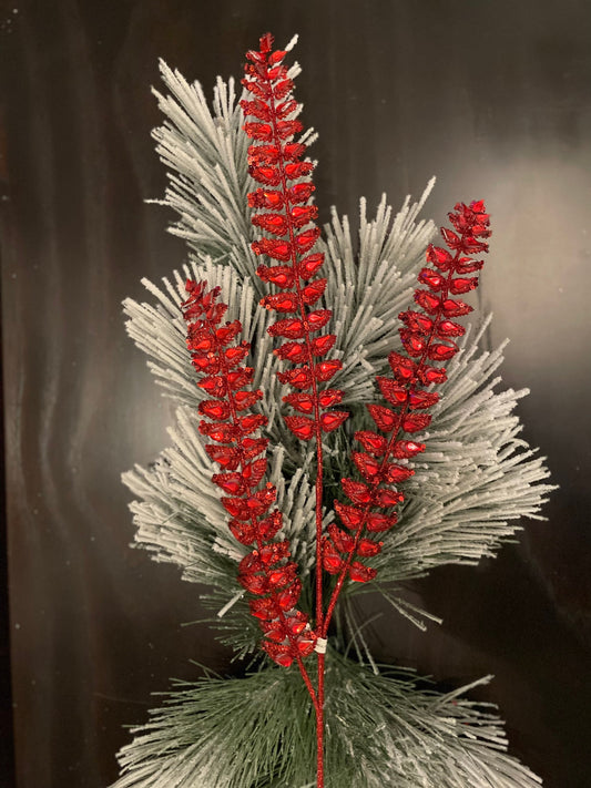 Set of 3. 34.5"jeweled glitter fern spray red