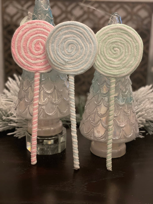 14"Frosted pastel lollipop ornament. Set of 3. Pink, green and blue.