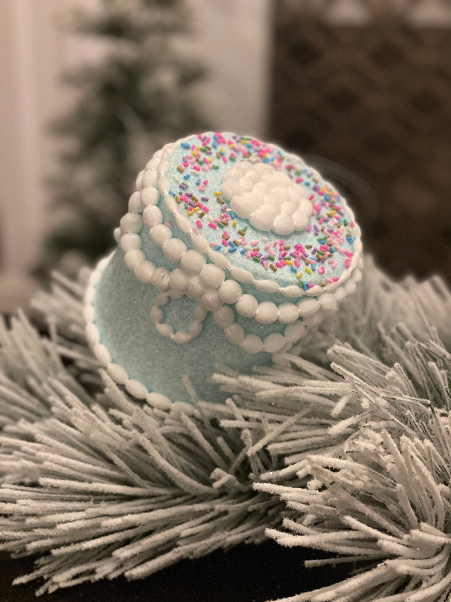 5" Pastel candy decorated cake ornament. Blue