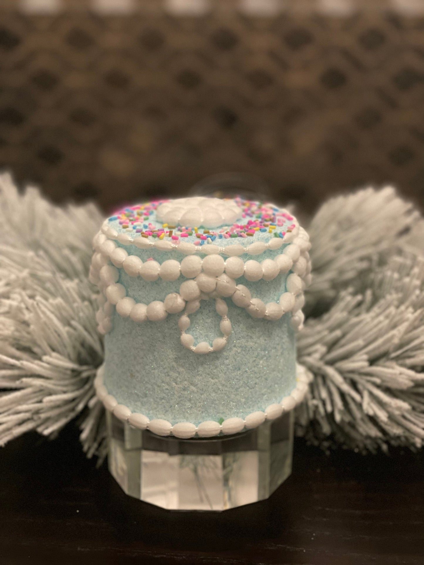 5" Pastel candy decorated cake ornament. Blue