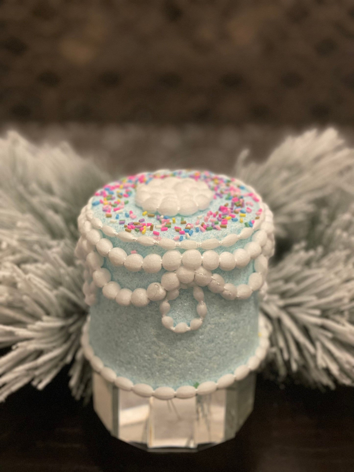 5" Pastel candy decorated cake ornament. Blue