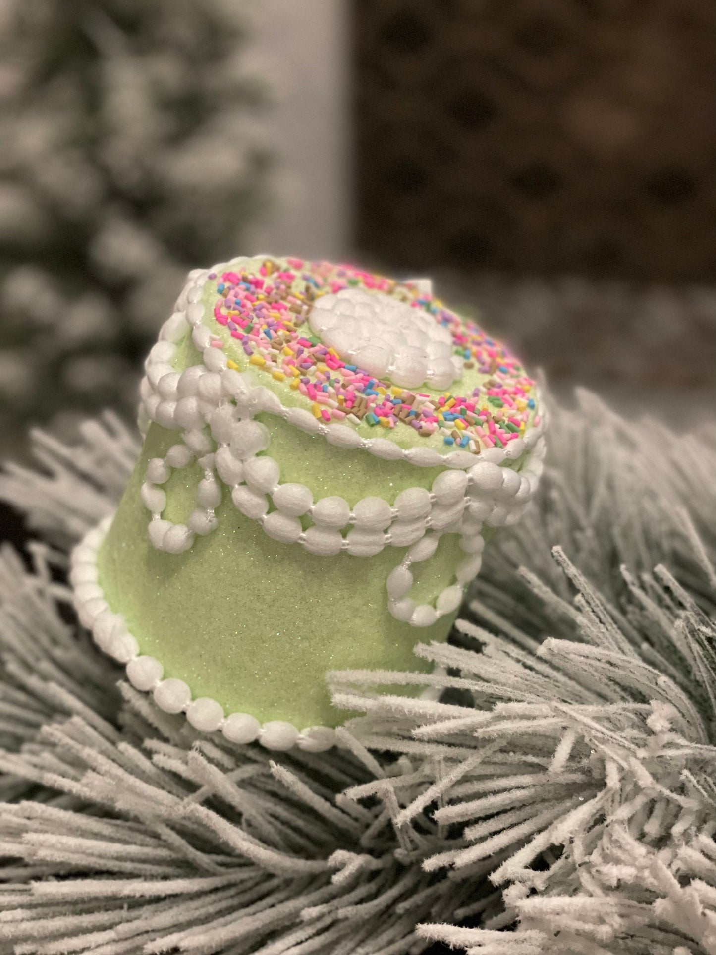 5" Pastel candy decorated cake ornament. Green.