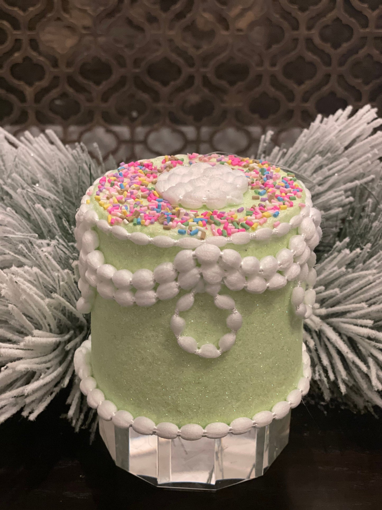 5" Pastel candy decorated cake ornament. Green.
