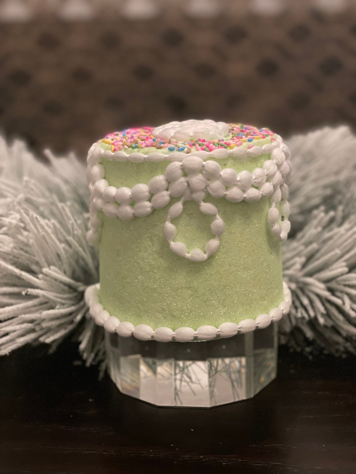 5" Pastel candy decorated cake ornament. Green.