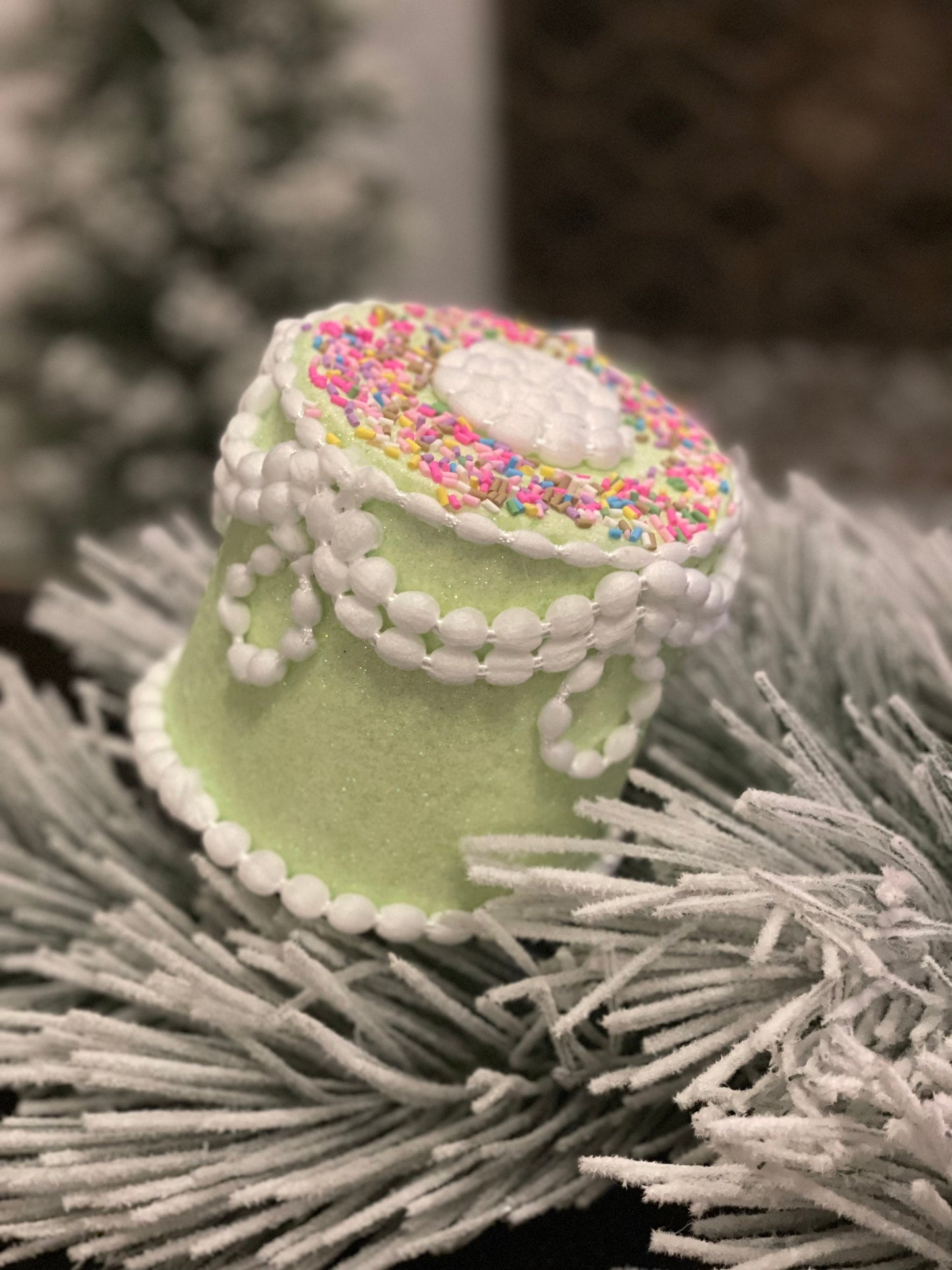5" Pastel candy decorated cake ornament. Green.