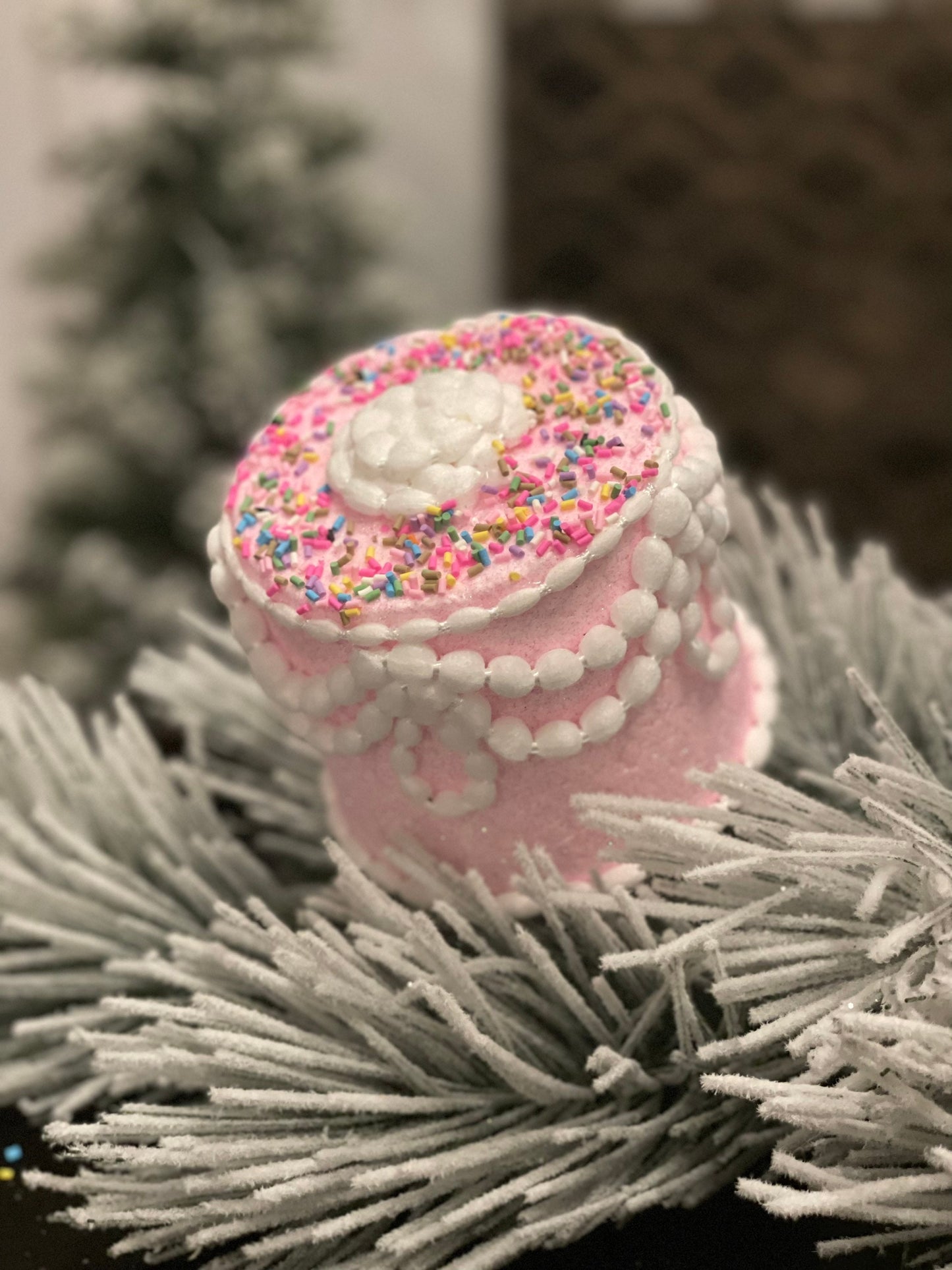 5" Pastel candy decorated cake ornament. Pink.
