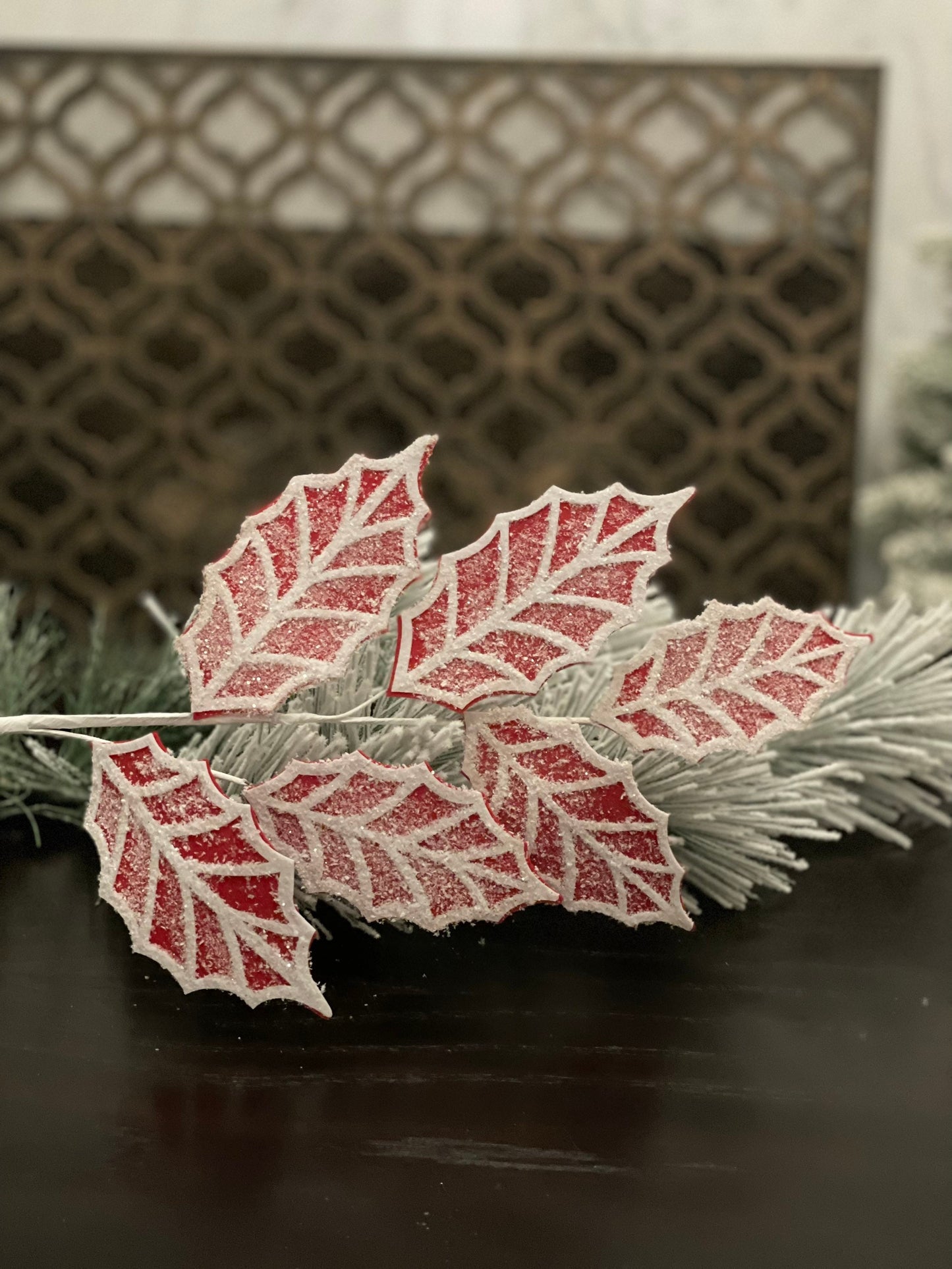 Set of 2. 26" Gingerbread holly spray red/white.