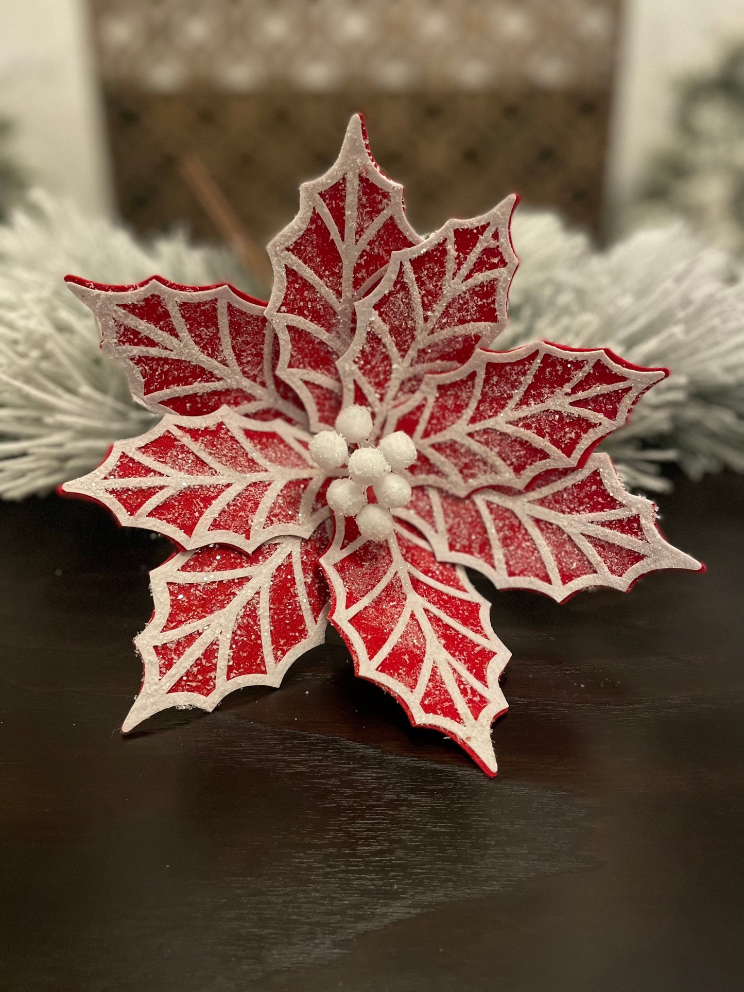 Set of 2. 24"Gingerbread poinsettia stem red/white