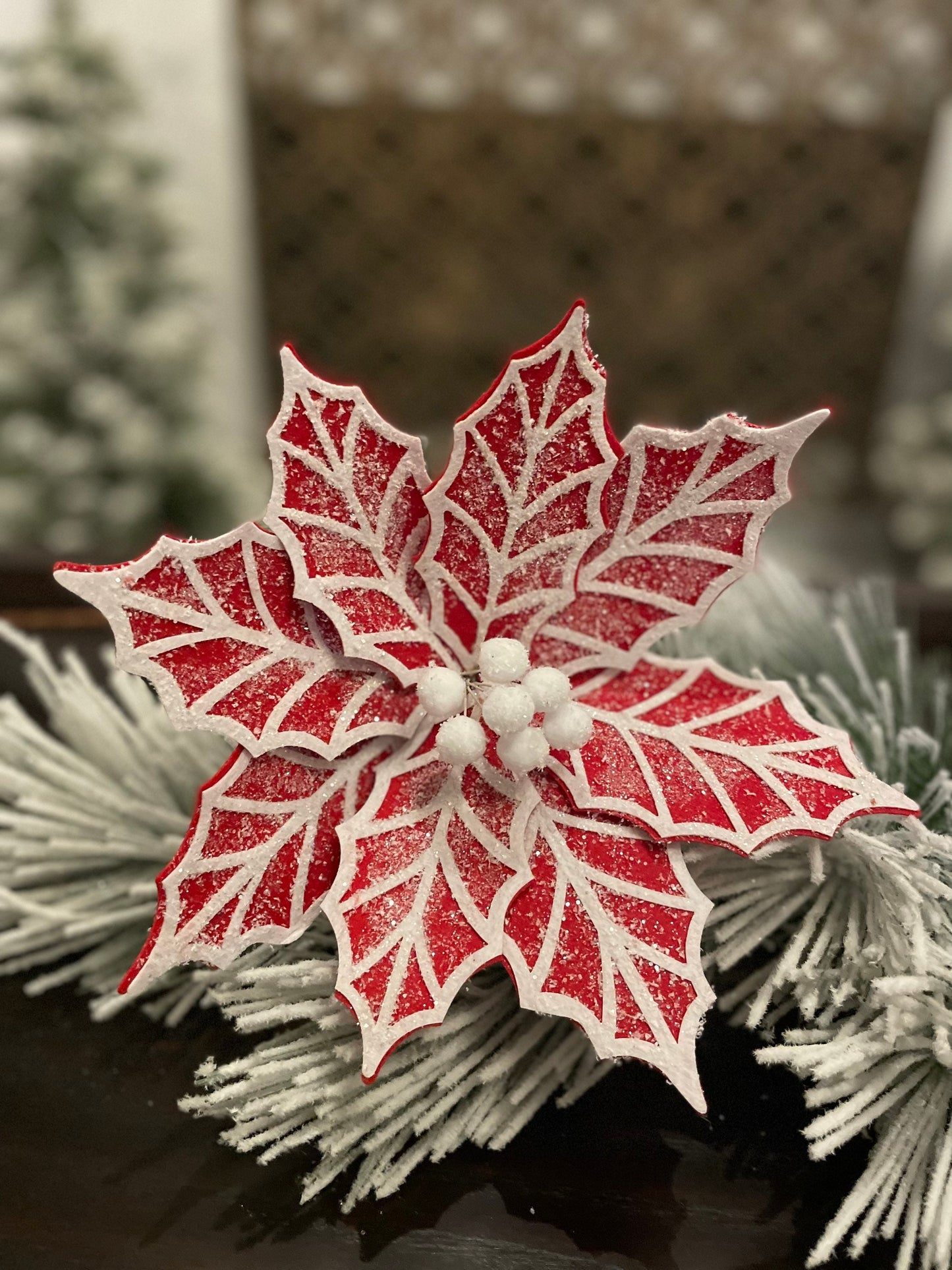 Set of 2. 24"Gingerbread poinsettia stem red/white