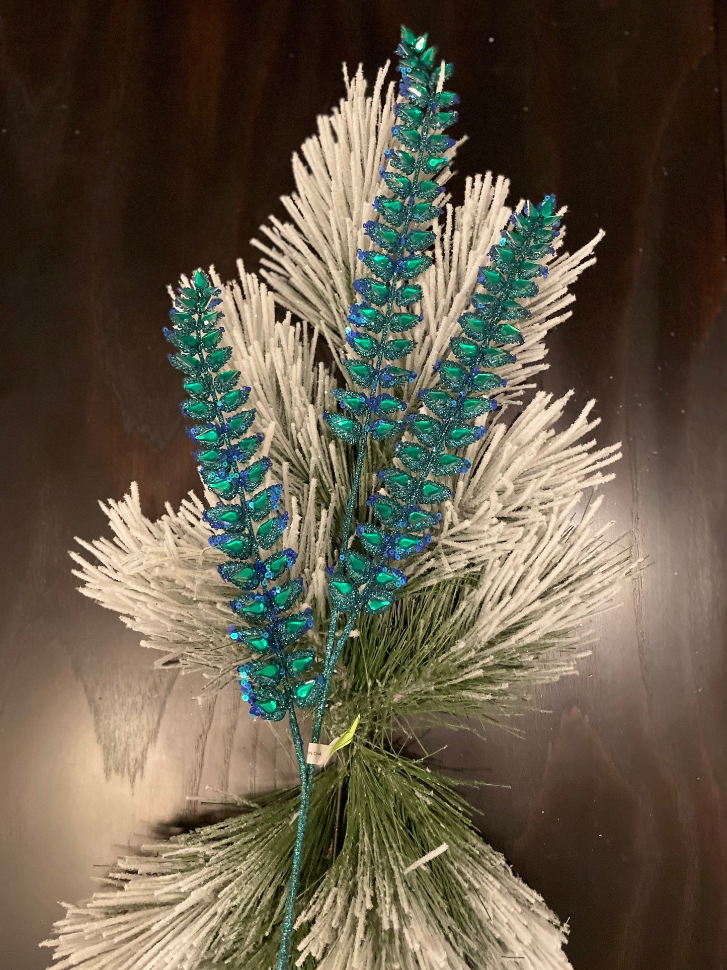 Set of 3. 34.5"jeweled glitter fern spray. Peacock.