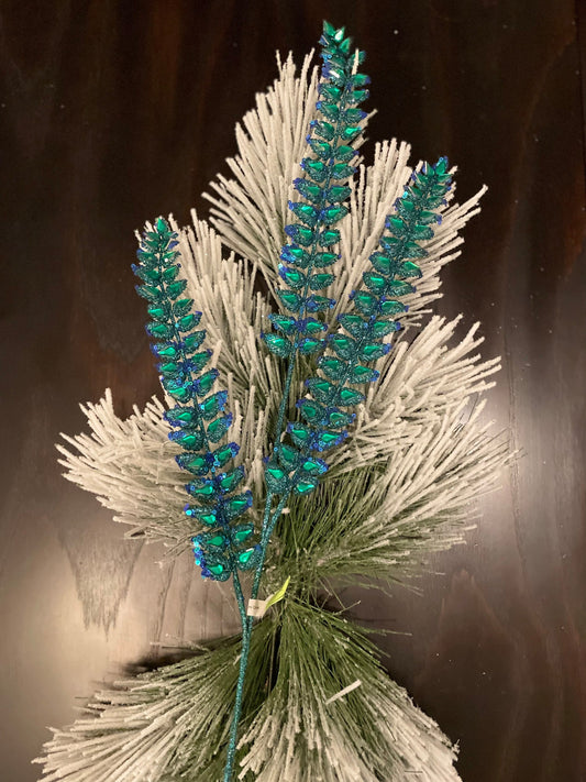 Set of 3. 34.5"jeweled glitter fern spray. Peacock.