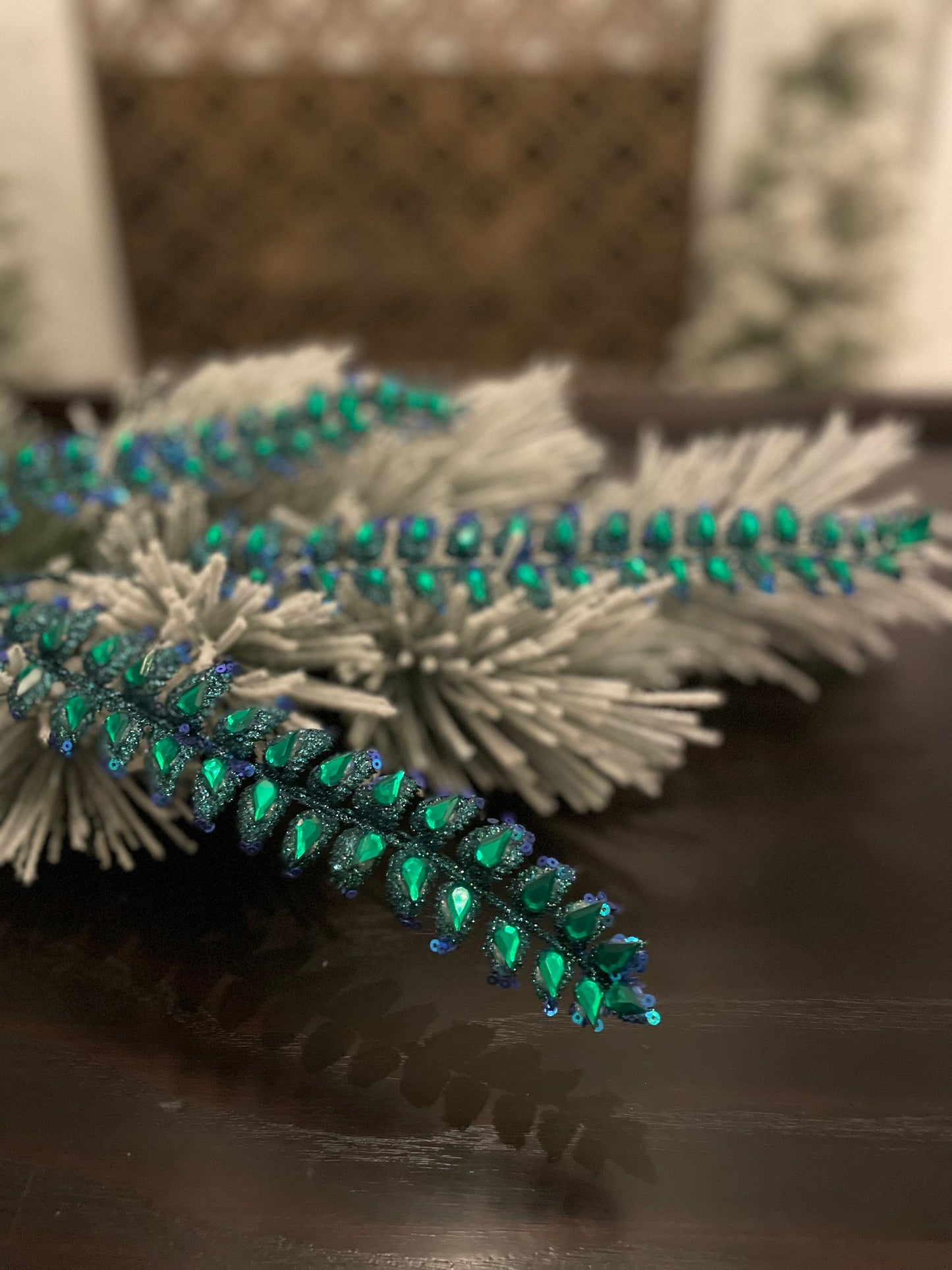 Set of 3. 34.5"jeweled glitter fern spray. Peacock.
