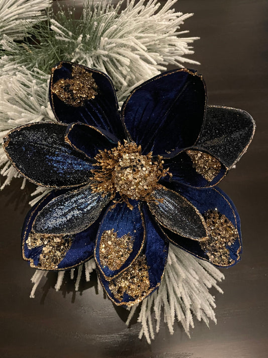 9.5” inches beaded jewel magnolia stem, sapphire and gold.