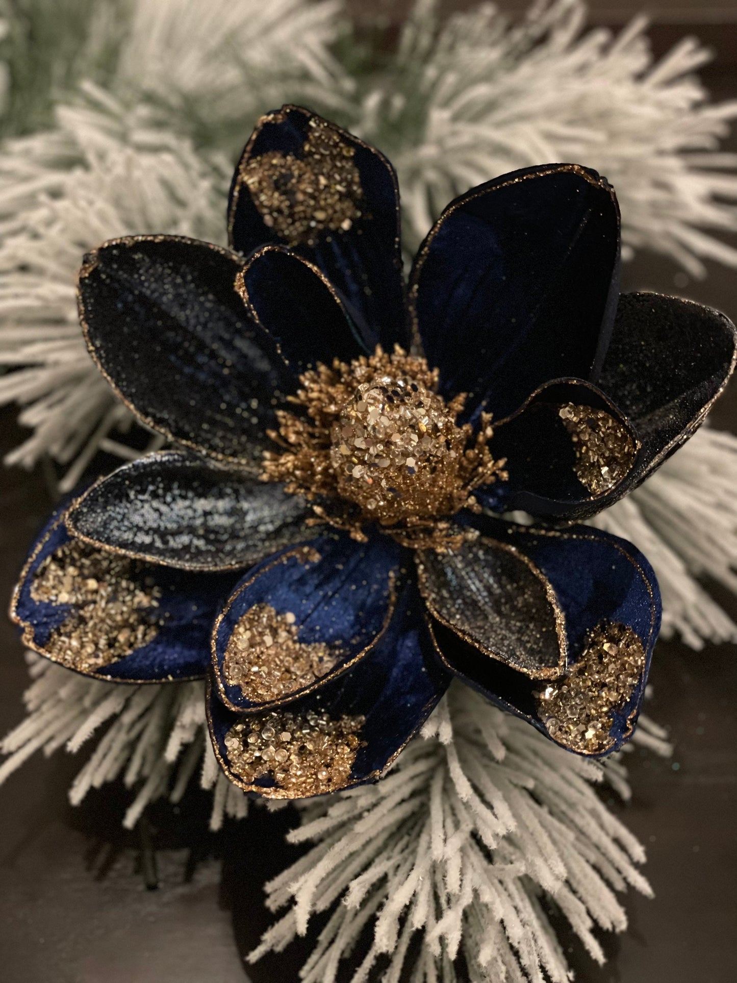 9.5” inches beaded jewel magnolia stem, sapphire and gold.