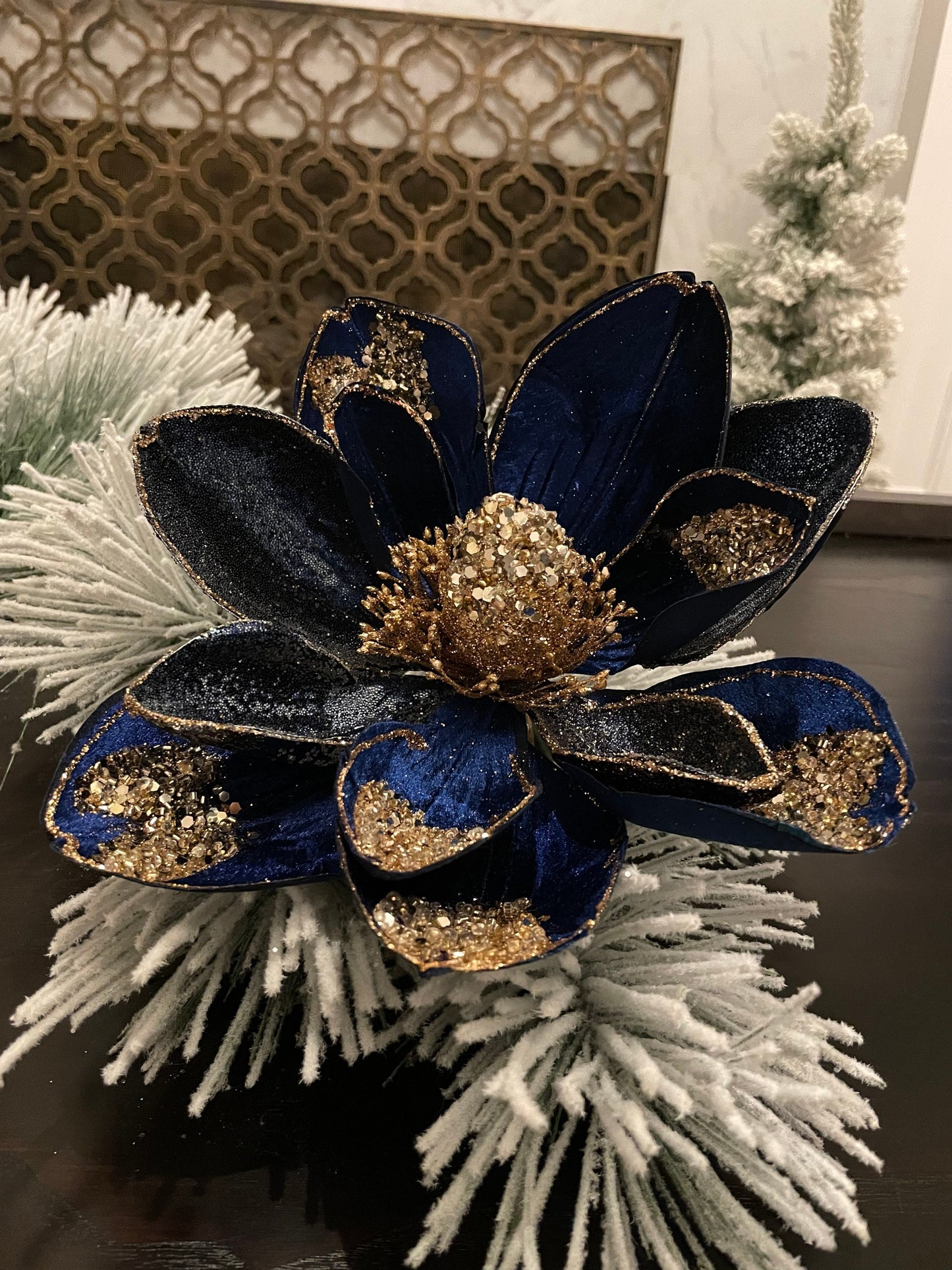 9.5” inches beaded jewel magnolia stem, sapphire and gold.