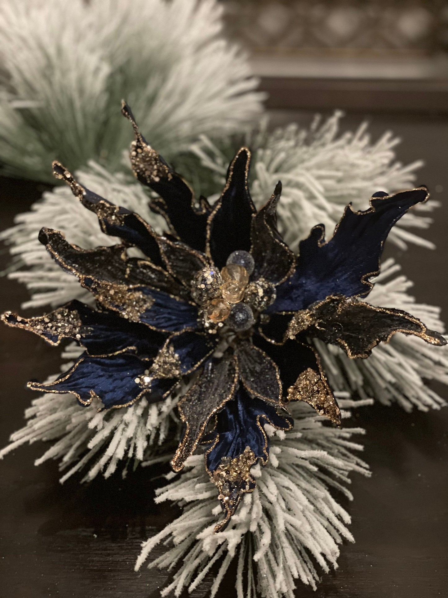 13” Poinsettia beaded stem. Sapphire. Blue.