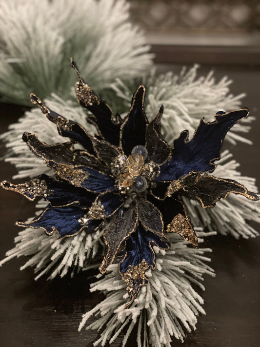 13” Poinsettia beaded stem. Sapphire. Blue.