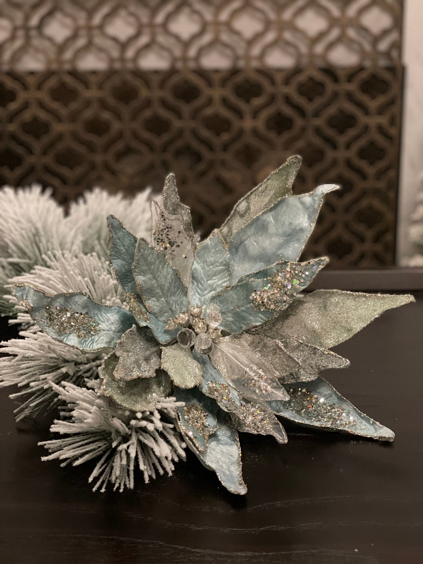 XXL Clip Poinsettia beaded soft blue. 17” tip to tip.