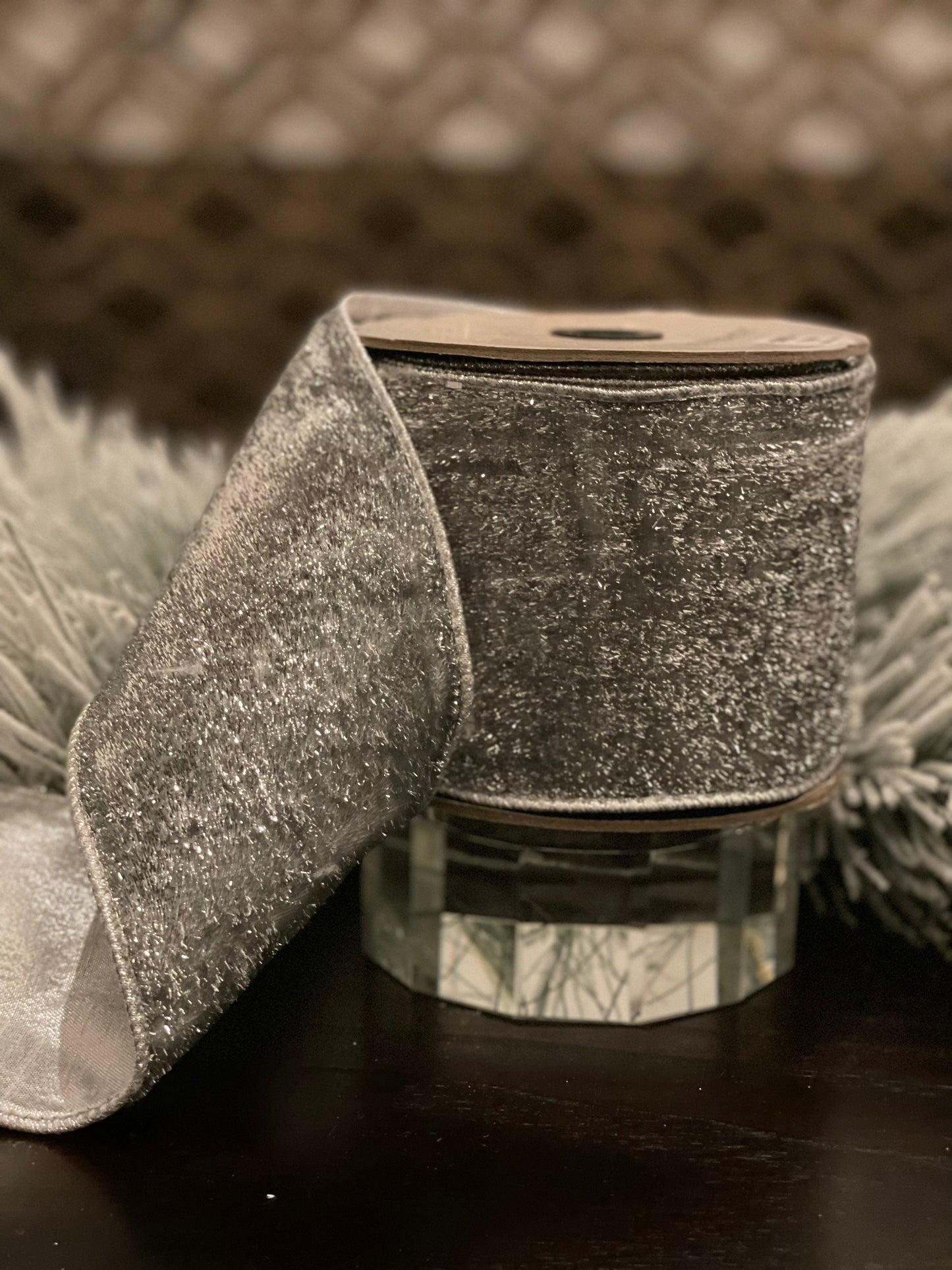 4” x 10 yds. Designer metallic velvet and metallic back silver ribbon.*