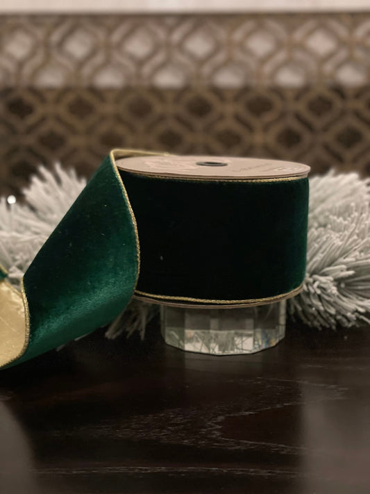 4” x 10 yds. Designer lush velvet emerald ribbon with light gold back.*