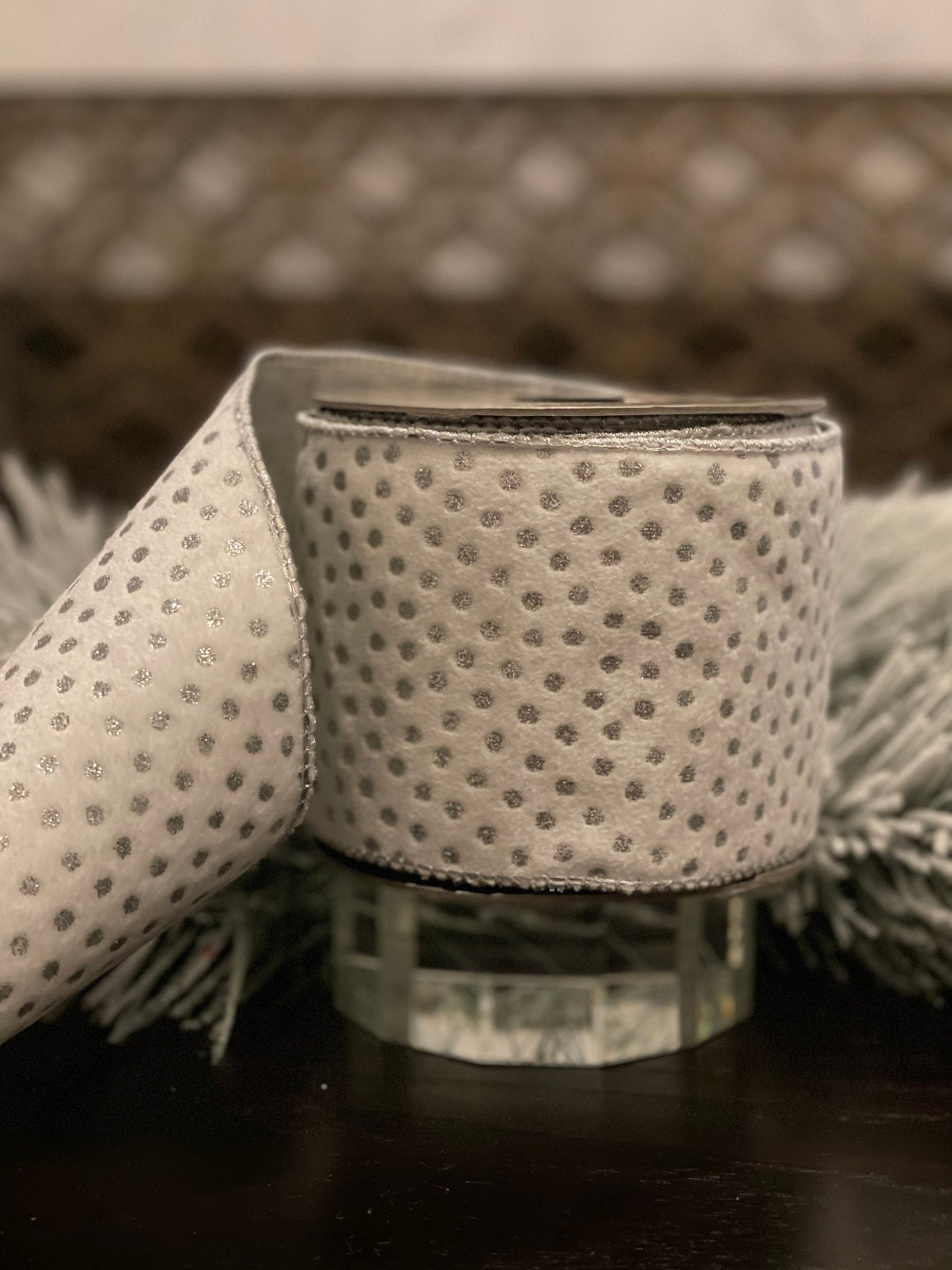 4” x 10 yds. Designer velvet polka dot silver glitter winter white ribbon.*