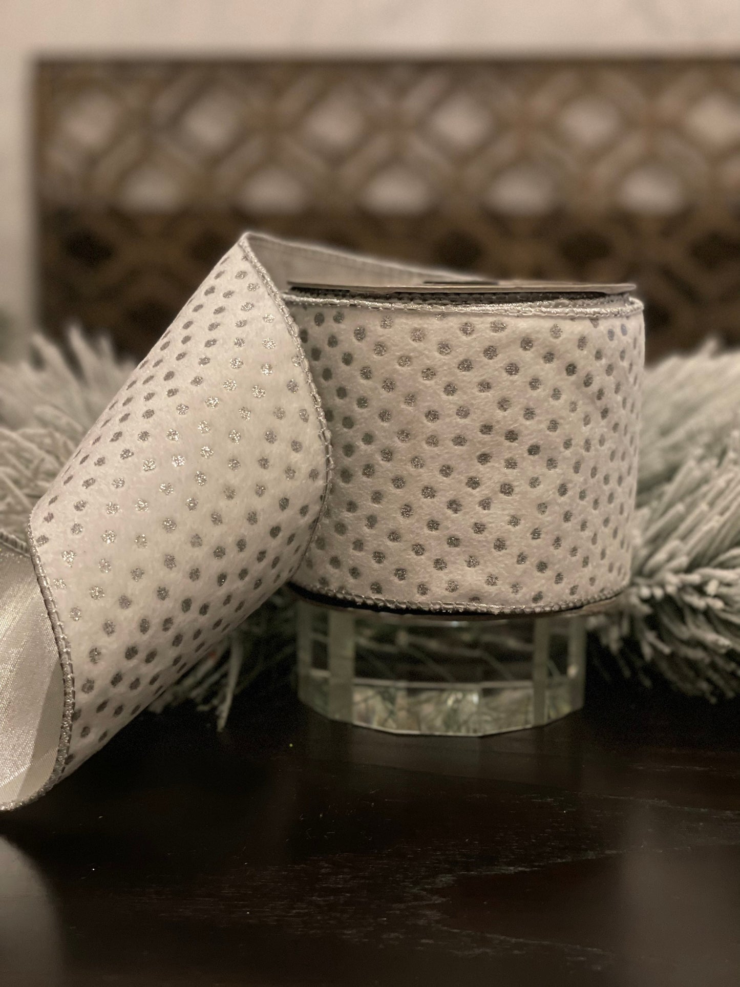 4” x 10 yds. Designer velvet polka dot silver glitter winter white ribbon.*