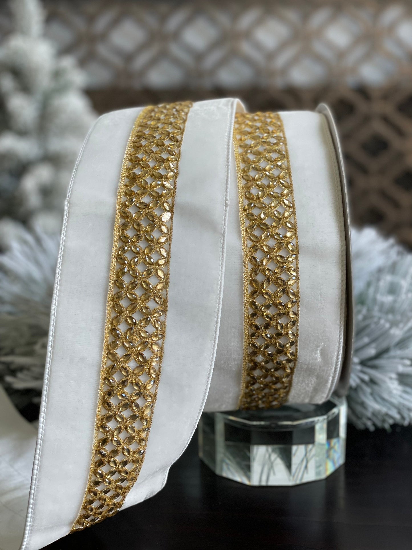 4"x10 yards jeweled lace. Ivory and gold. Jeweled.