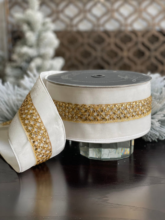4"x10 yards jeweled lace. Ivory and gold. Jeweled.