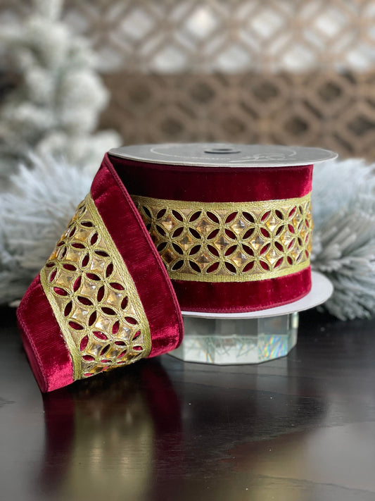 4"x5 yards velvet jeweled diamond lace. Ruby gold.